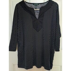 Lauren Ralph Lauren Polka Dot Top Blouse Black White Cotton 3/4 Sleeves Sz 2x